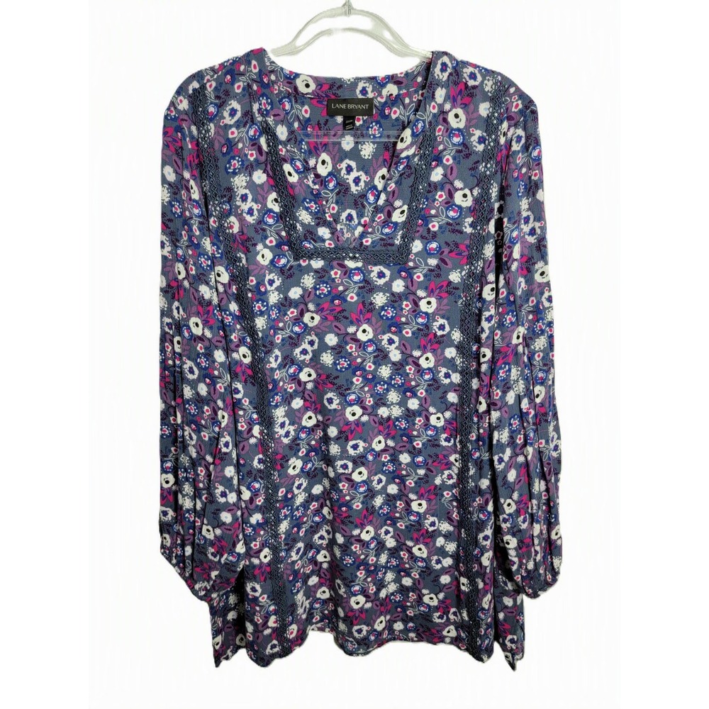 Lane Bryant Womens 22/24 Tunic Top Blue Pink Floral Crochet Trim Boho Peasant